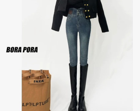 高腰牛仔小脚裤女加绒2022年冬季新款薄绒...