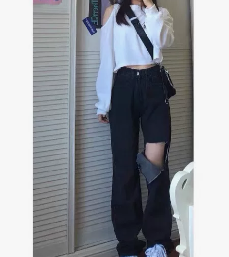 宽松牛仔裤女高腰黑色破洞直筒阔腿裤子显瘦 ...