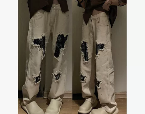 破洞牛仔裤女大码高腰宽松直筒显瘦阔腿裤高街...