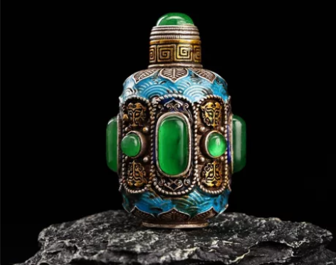 古董旧藏花丝工艺鎏金镶嵌景泰蓝宝石鼻烟壶 ...