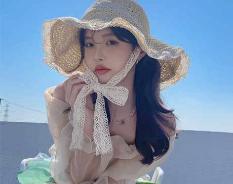 草帽ins韩版系带镂空草编帽女夏出游防晒沙...