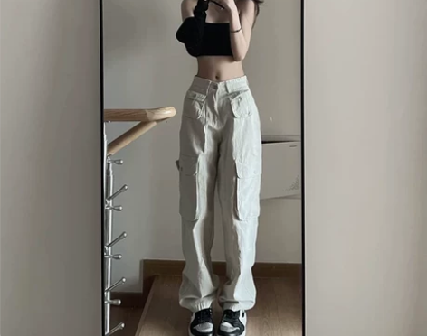 欧美式复古米白色工装裤子女秋季2022新款...