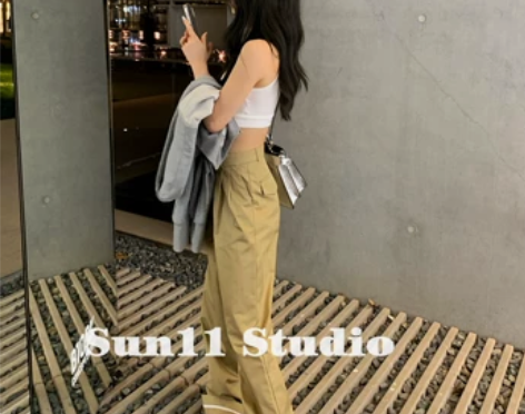 SUN11 卡其色休闲工装裤子女春秋高腰垂...