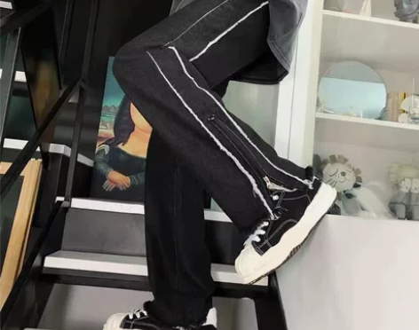 白色牛仔裤男直筒西海岸美式高街裤子over...