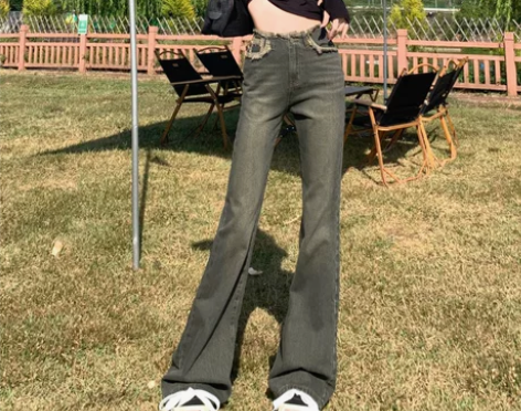温姗美式毛边高腰微喇牛仔裤女秋冬设计感宽松...