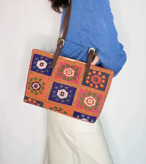 vintage钉珠重工彩花珠绣拼色手提腋下...