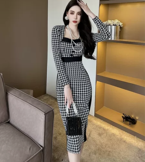 复古轻熟风黑白格纹长袖连衣裙春季气质中长款...