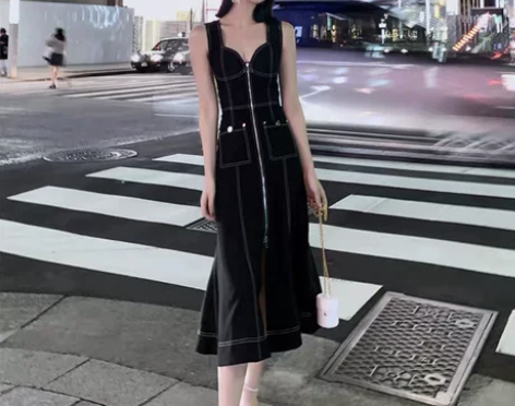 2020春夏新款女装潮明线装饰设计修身鱼尾...