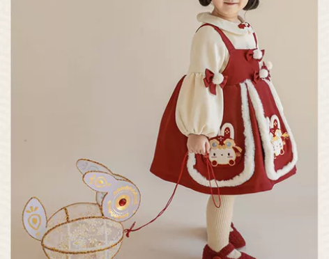 〔当日发货〕兔年红色女童年服甜美加绒公主风...