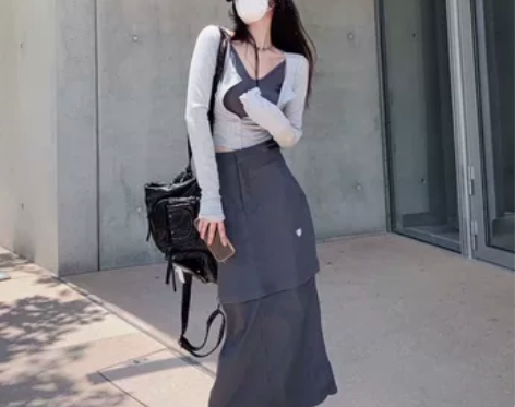 日系直筒半身裙女夏设计感可拆卸裙复古百搭休...