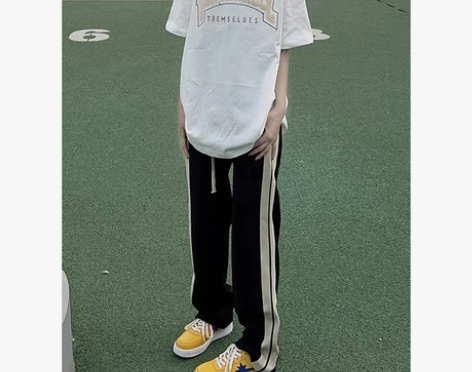 秋冬侧边织带高腰直筒长裤基础百搭男女情侣休...