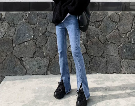 蓝色分叉微喇阔腿高腰垂感前开叉牛仔裤女宽松...