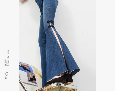 开叉牛仔裤女2022年春夏新款高腰显瘦提臀...