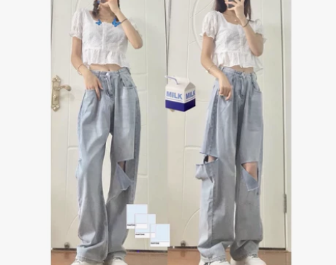【狂欢价】高腰膝盖大破洞阔腿牛仔裤女夏季薄...