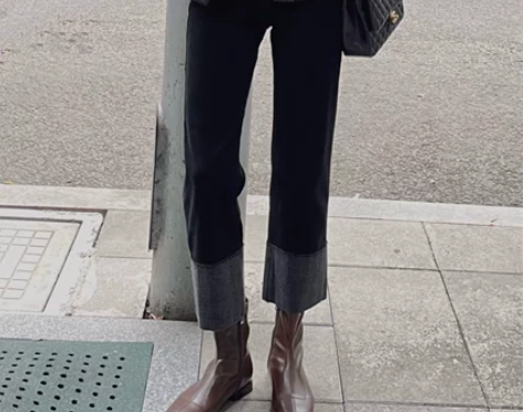 小个子简约高腰黑色加绒小直筒裤牛仔裤女裤脚...