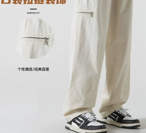 休闲裤子米白色纯棉工装裤男秋冬季潮牌垂感阔...