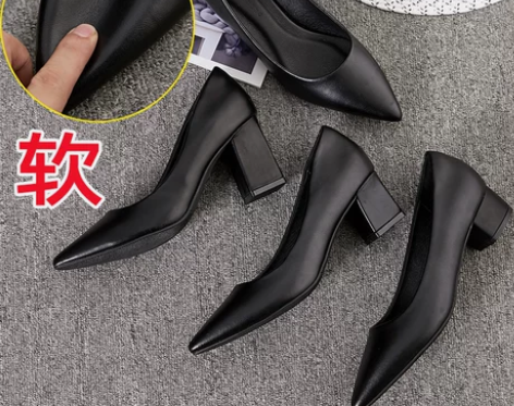 单鞋工作鞋单鞋夏季尖头粗跟女全黑色软底职业...