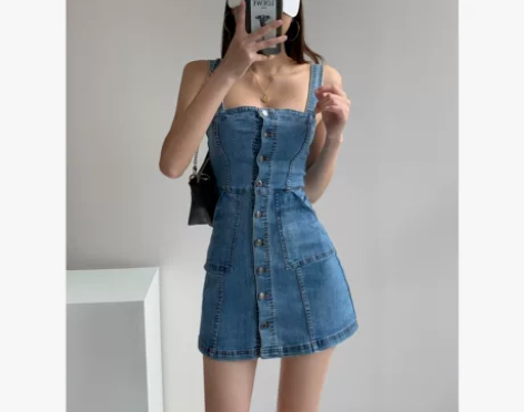 欧美风ins复古牛仔连衣裙女夏显瘦背带裙性...