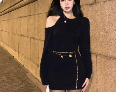 纯欲风性感甜辣内搭露肩毛衣连衣裙子女设计感...