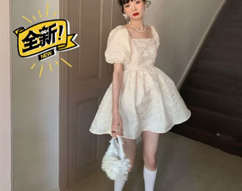 /法式方领蓬蓬裙连衣裙女夏小个子提花露背泡...