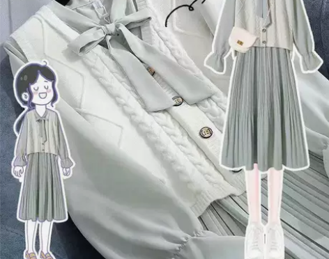 森系学院风可盐可甜马甲套装女春秋裙子收腰显...