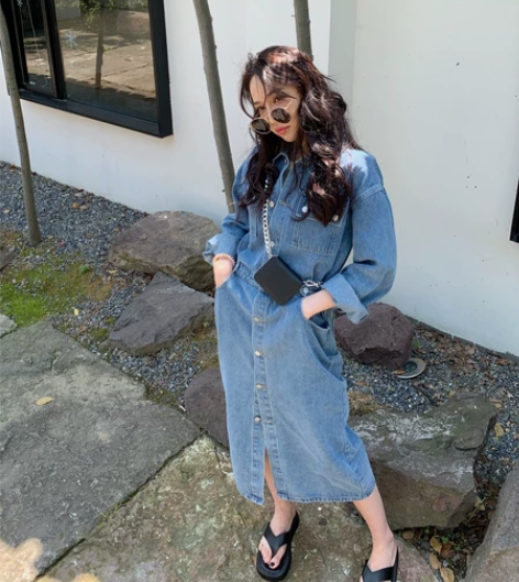 2022韩版开叉裙子复古后开叉口袋工装休闲...