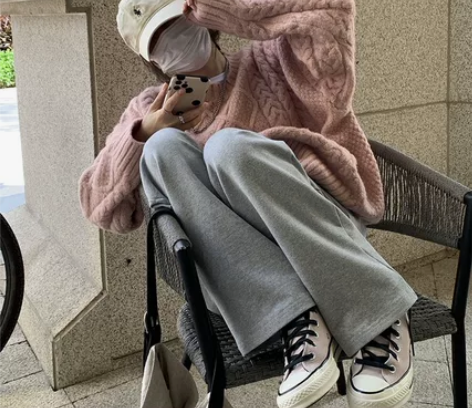 荒荒家 垂感休闲裤松紧腰直筒裤运动风拖地裤...