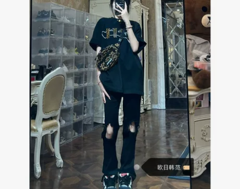 大码膝盖破洞毛边牛仔裤女胖mm夏季辣妹高腰...