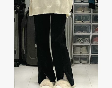 高腰开叉黑色牛仔裤女直筒宽松显瘦微喇叭大码...