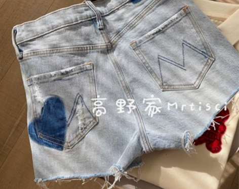 进口面料mother爱心浅色蓝 牛仔短裤女...