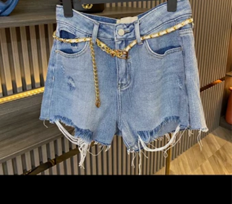 2022夏新款韩版高腰个性系带毛边热裤磨破...