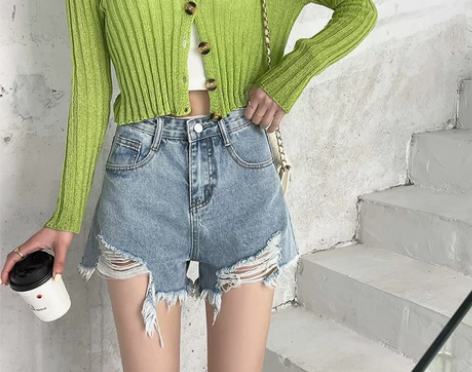 布琳家牛仔短裤女夏2022年新款高腰显瘦宽...