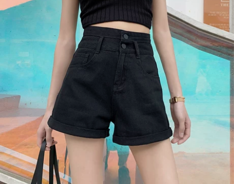 黑色卷边牛仔短裤女超高腰显瘦2020年夏季...