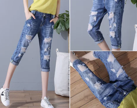 破洞牛仔裤女士2022新款夏季薄款七分裤女...