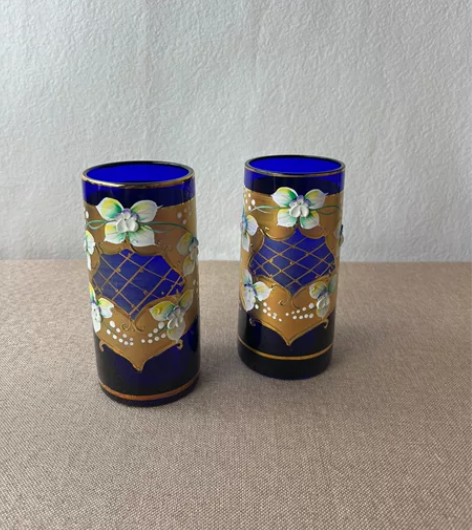 捷克波西米亚蓝色原色水晶玻璃杯 大面积真金...