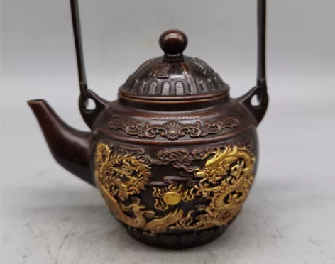 龙凤铜壶酒壶摆件茶壶摆件，鎏金工艺，茶台摆...