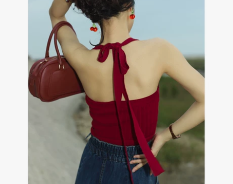 【狂欢价】复古港风红色挂脖绑带背心女外穿设...