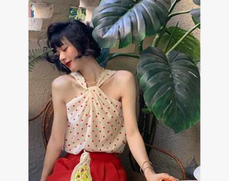 乌龙羊/ 法式挂脖吊带女夏季外穿波点无袖背...