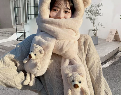小熊帽子女冬季可爱百搭保暖毛绒帽手套连帽围...