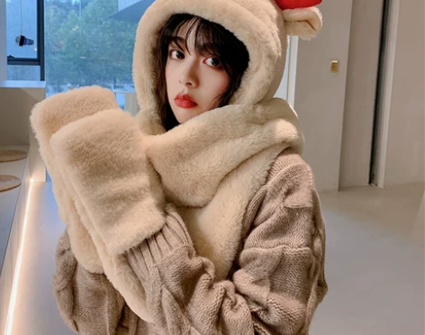 冬天女保暖新年小鹿围巾帽子一体连帽可爱围脖...