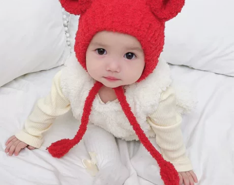 婴儿帽子冬加绒男女童保暖毛绒帽韩版耳朵手工...