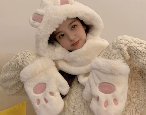 帽子围巾手套一体女秋冬季兔子耳朵小熊三件套...
