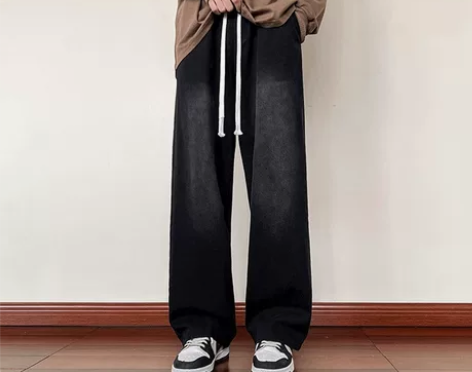 复古牛仔裤男水洗黑色阔腿长裤秋冬潮牌高街宽...