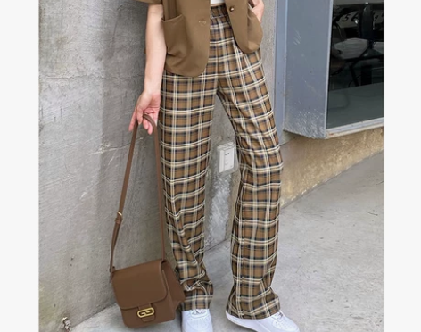 ?复古格子裤女夏季薄款休闲直筒西装阔腿裤女...