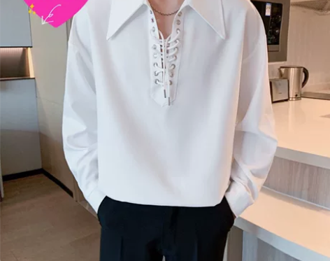 翻领绑带衬衫男秋季潮牌bf港风纯色宽松学生...