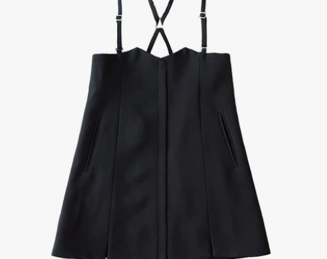 新款日系复古交叉肩带黑色挺阔A字裙高腰西装...