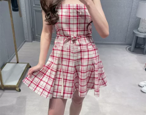 小香复古裙子女夏季学院风气质显瘦粉色格子一...