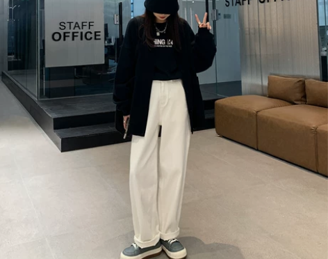 SIXI四喜家春秋 白色牛仔裤女宽松直筒百...