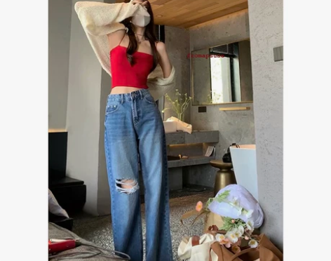 白水女 高腰破洞牛仔裤女夏宽松高街ins潮...