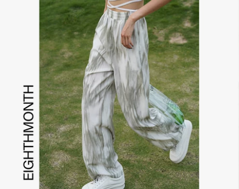 EM八月 裤子女夏薄款扎染高腰直筒休闲裤垂...